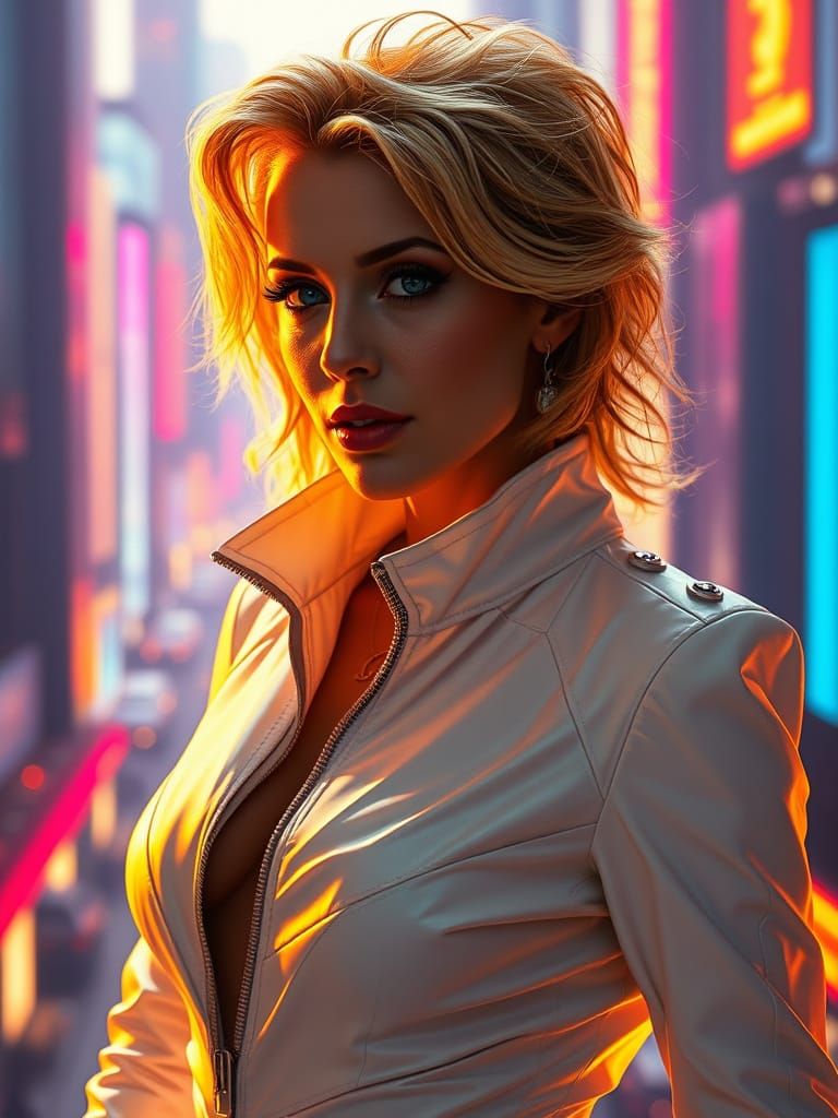Kylie Minogue in Futuristic Cityscape, Mid-Shot, Hyperrealis...