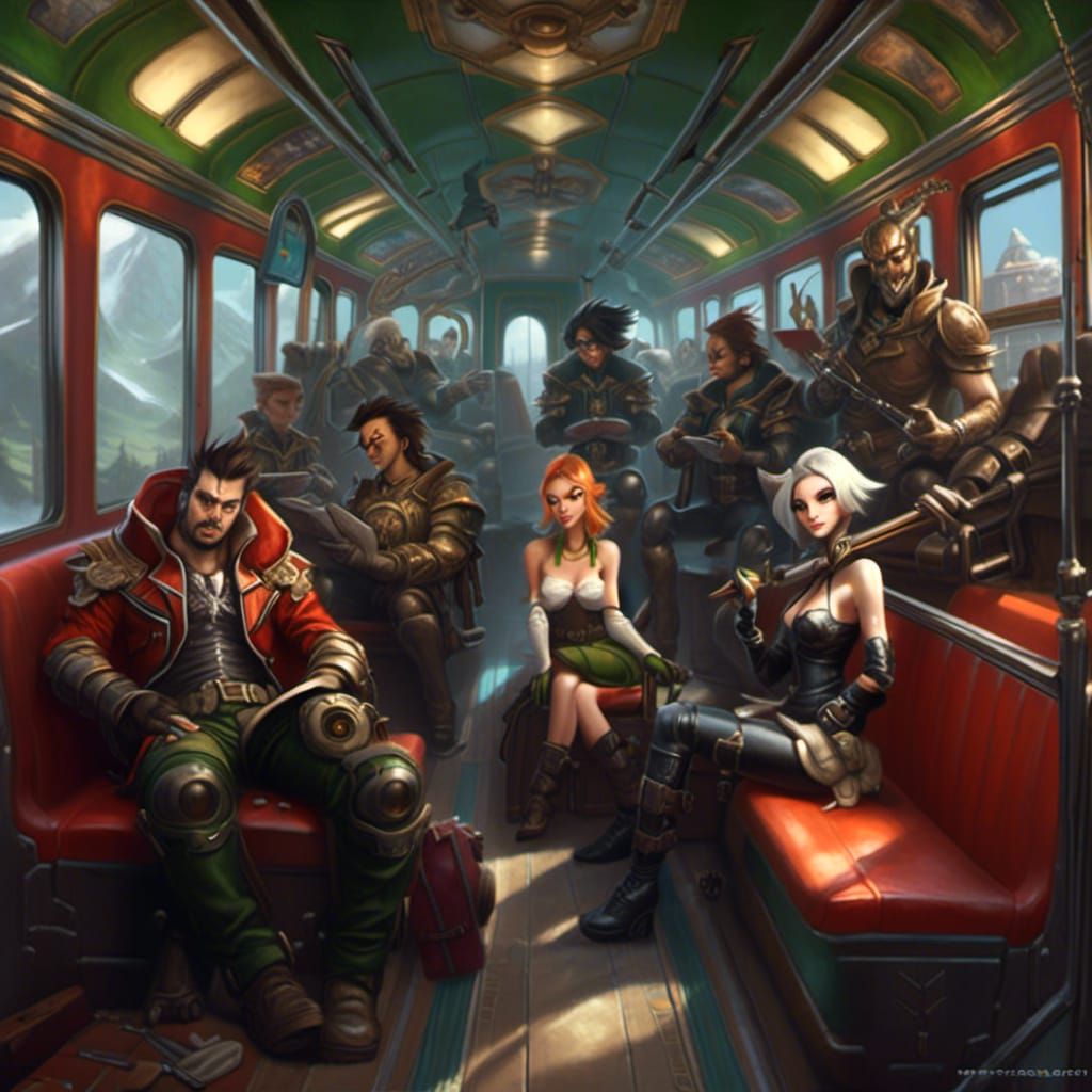 Fantasy Characters on Subway Train, Detailed Fantasy Art