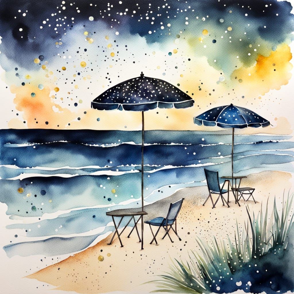 Dark Watercolour Summer Beach with Sparkles