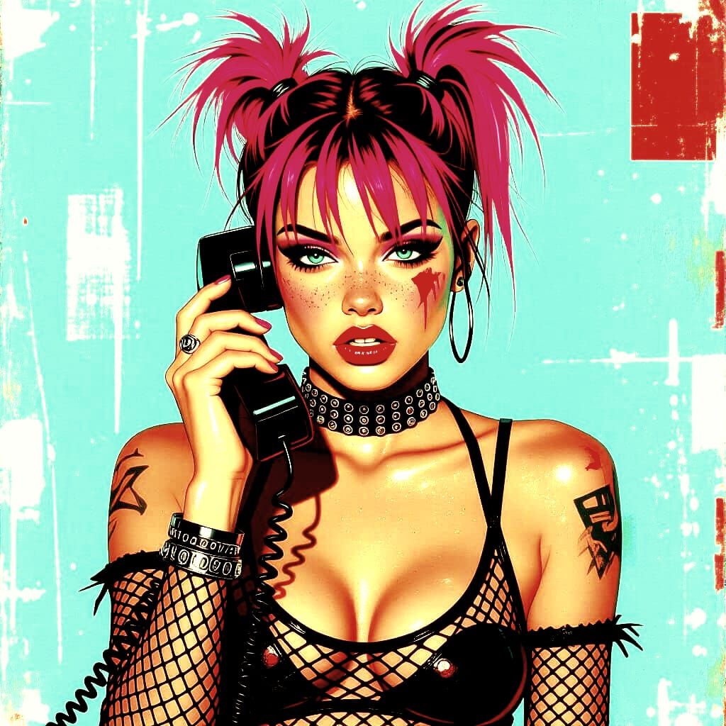 Punk Girl with Telephone in Retro Film Aesthetic