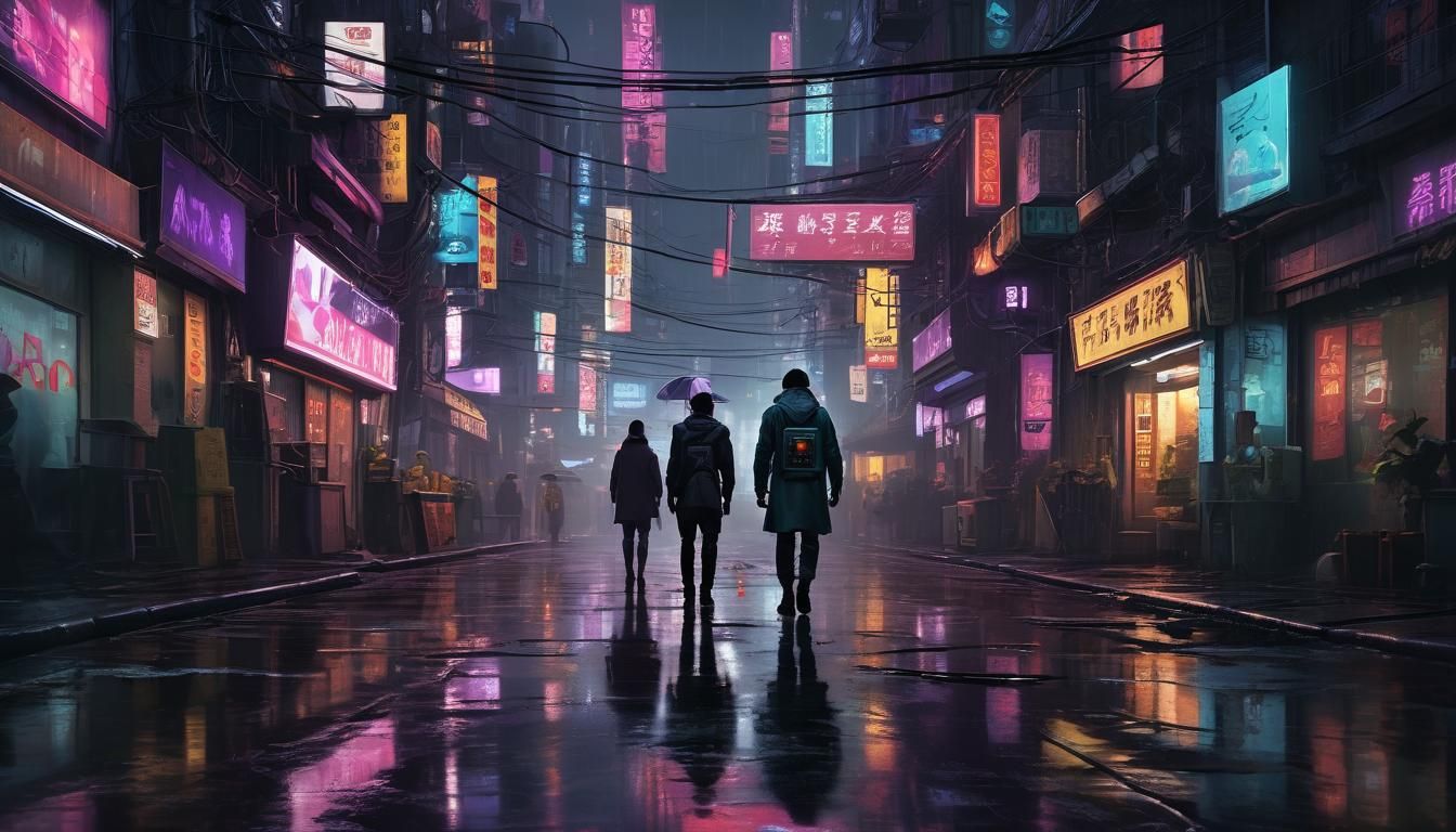 Cyberpunk Android in Rainy Cityscape