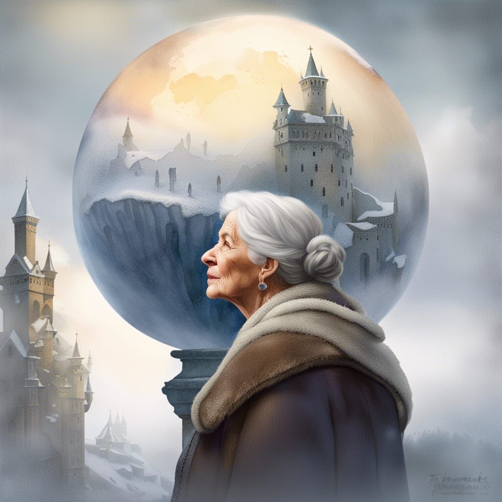 Elderly Woman in Snow Globe, Watercolor Painting