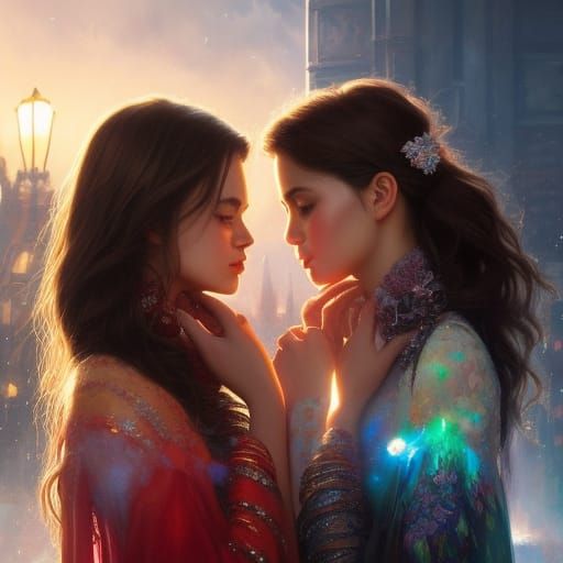 Two Girls Kissing with Engagement Ring, Digital Art