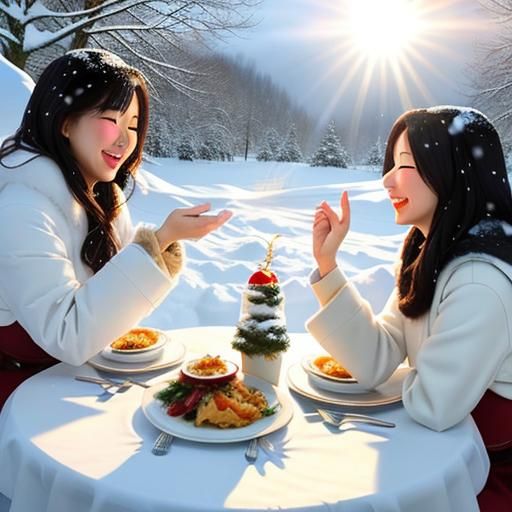 Friends' Joyful Meal in Heavenly Sunshine