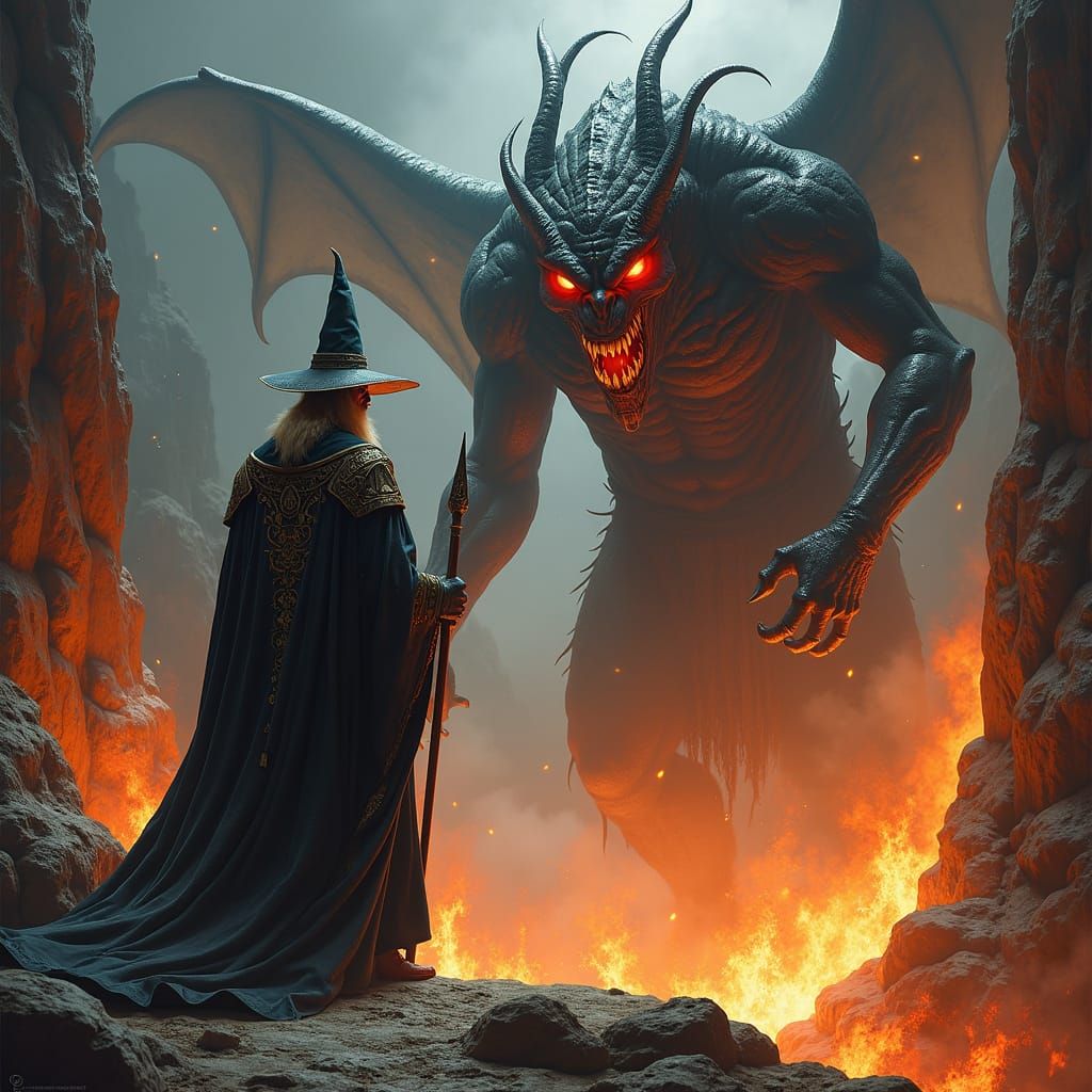 Wizard Confronts Demon in Dark Fantasy Art Style