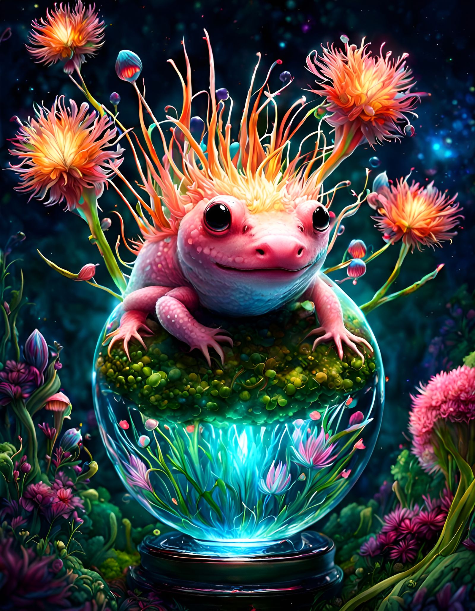 Bioluminescent Axolotl Flower Explosion in Glass Orb