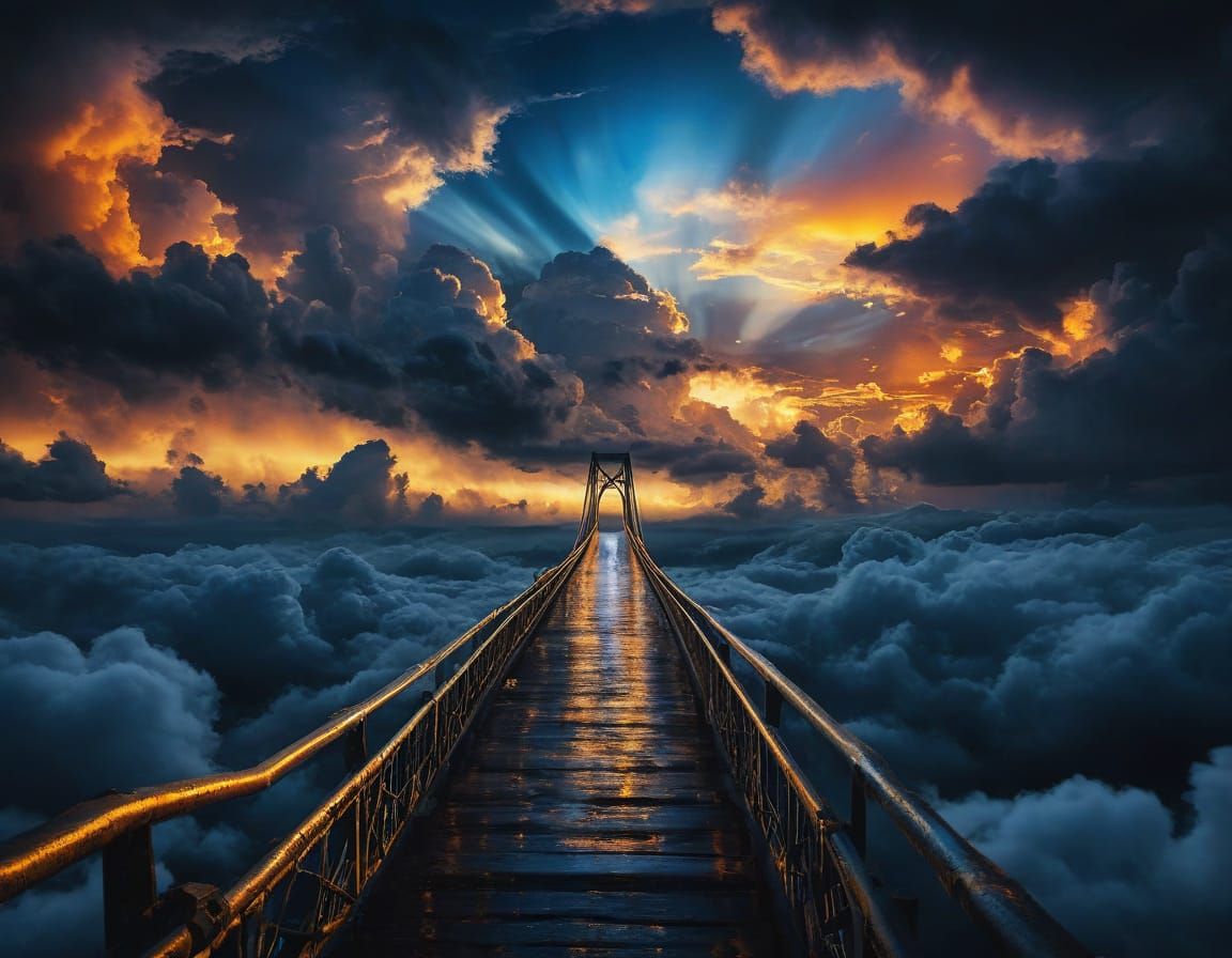 Ethereal Steel Bridge Suspended in Celestial Realm