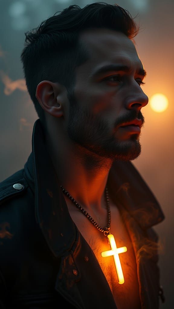 Mysterious Man in Cinematic Shadow with Glowing Pendant