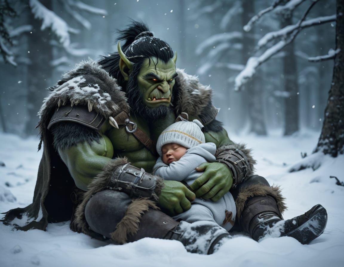 Orc Warrior Sheltering Toddler from Blizzard