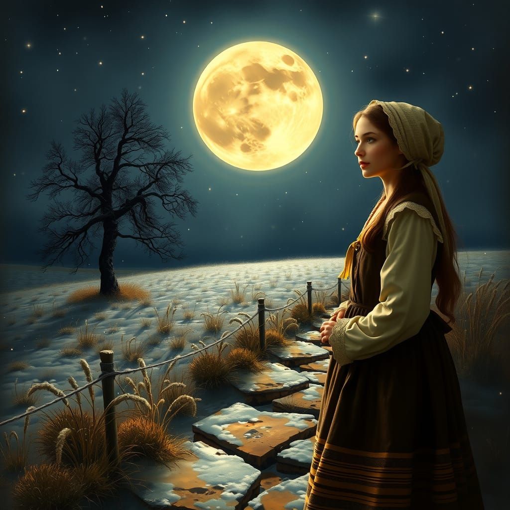 Peasant Girl Gazes at Luminous Moon in Snowy Night Meadow