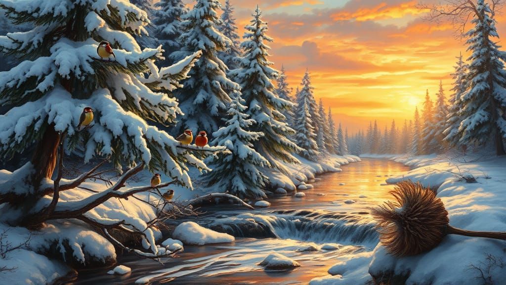 Hyperrealistic Winter Scene with Birds and Stream