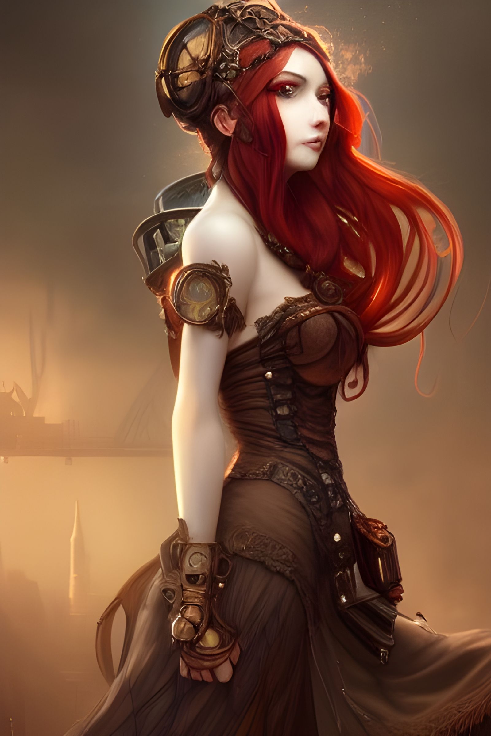 Steampunk Goddess in Hyper-Detailed Cityscape