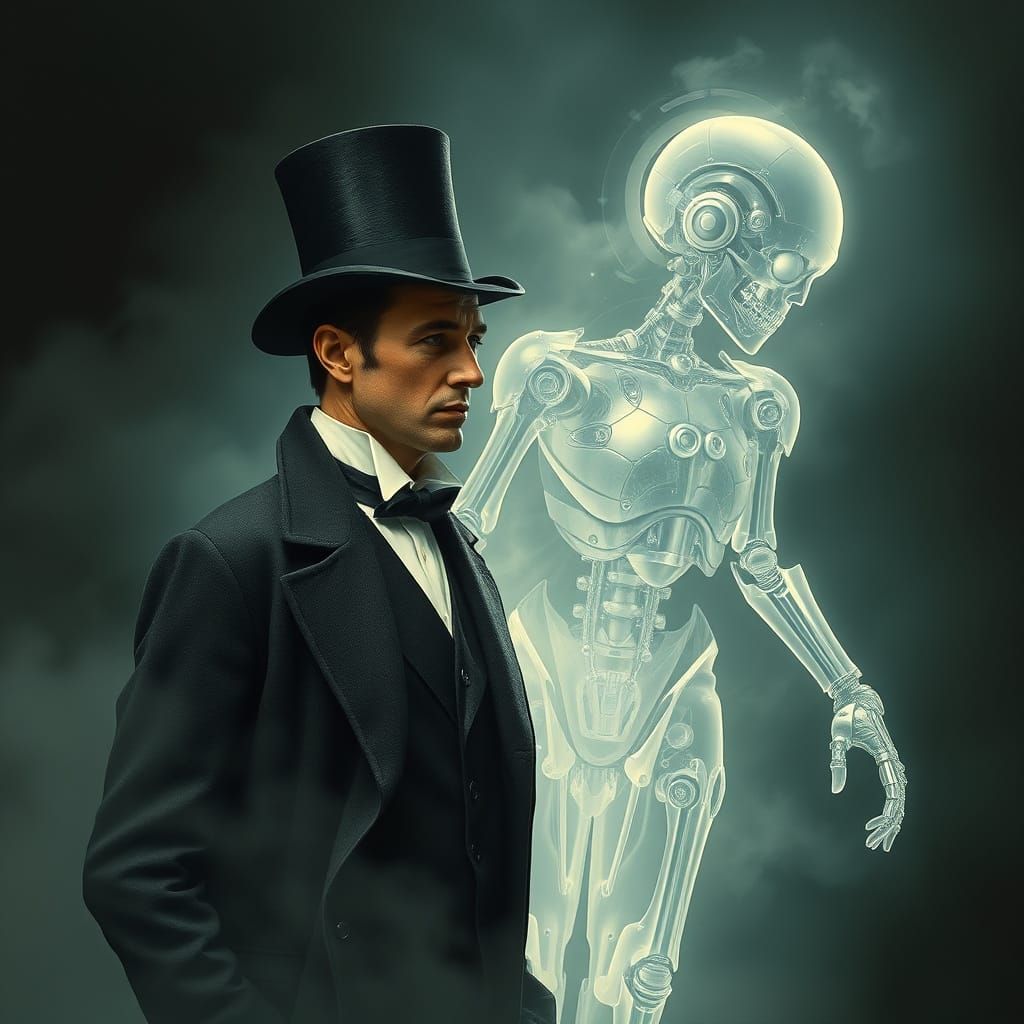 Ethereal Robot Haunts Victorian Gentleman, Vintage Futurism