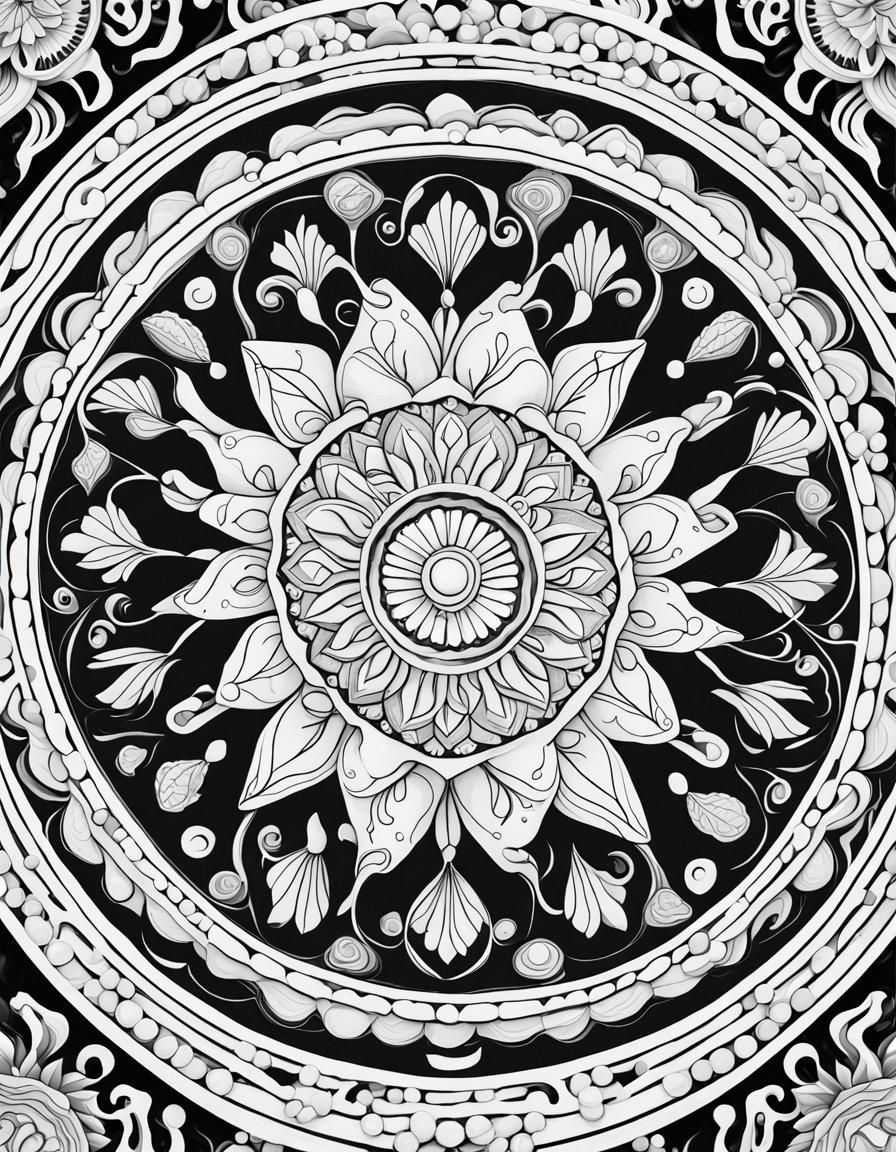 Black and White Mandala Outline in Candy Art Style