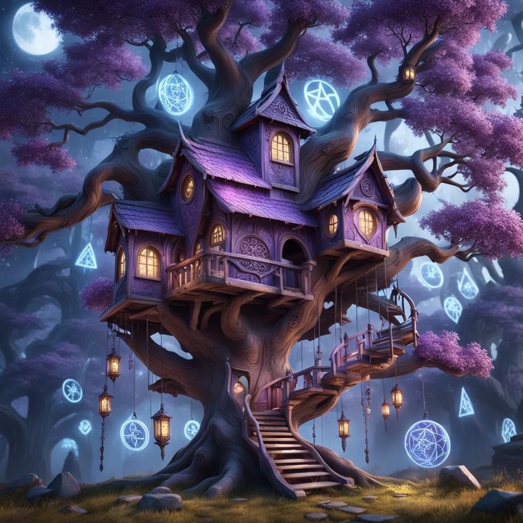 Enchanted Treehouse with Glowing Runes, Detailed Matte Paint...