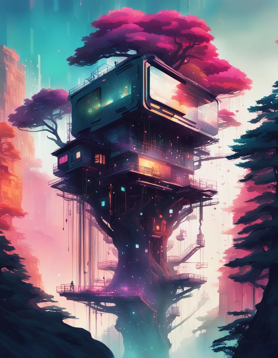 Cyberpunk Treehouse with Glowing Code