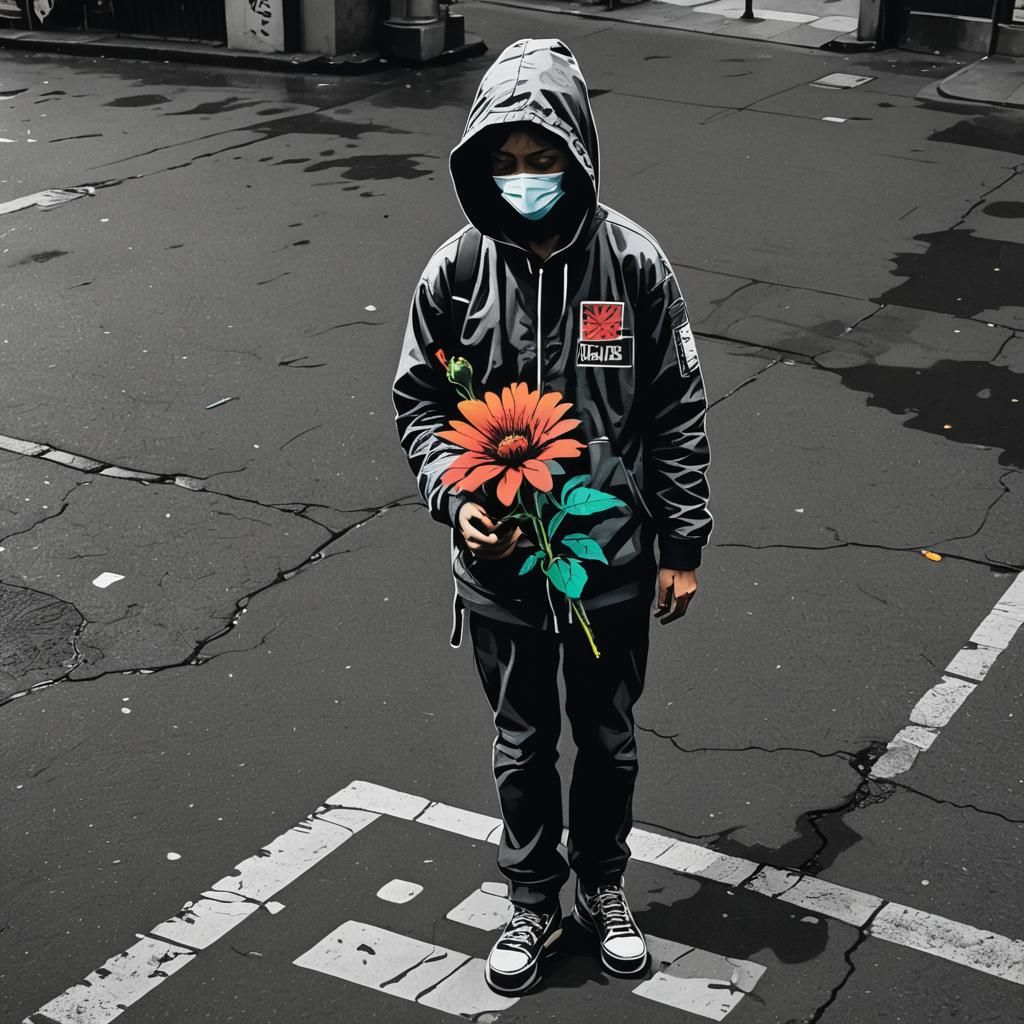 Banksy-Inspired Street Art Protester in Grayscale Cityscape