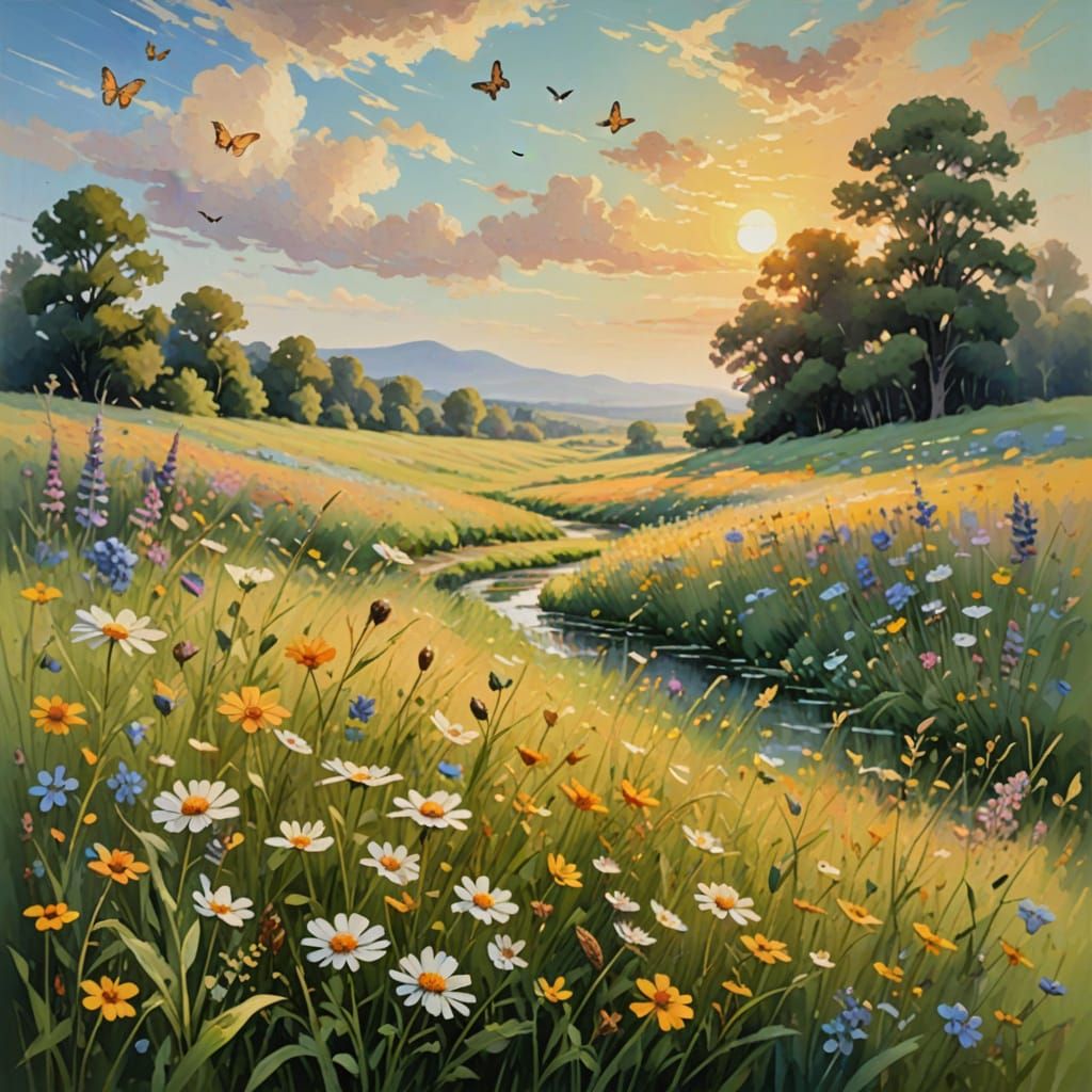 Soothing Impressionist Landscape with Wildflowers and Butter...