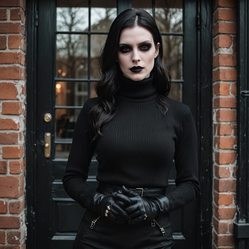 Goth Vampire Woman in Doorway: Hyper-Realistic Portrait
