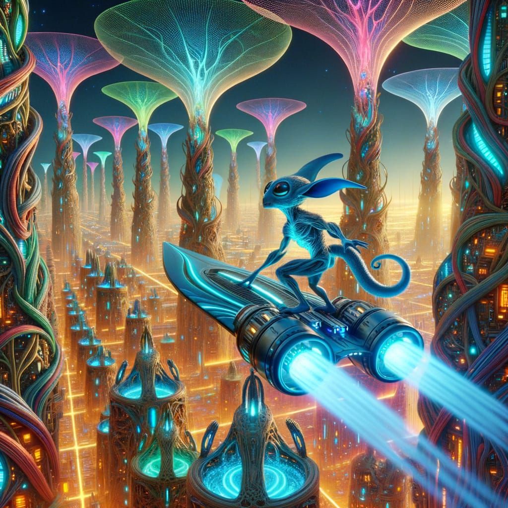 Mystical Wemic Surfs Radiant Cityscape in Psychedelic Futuri...