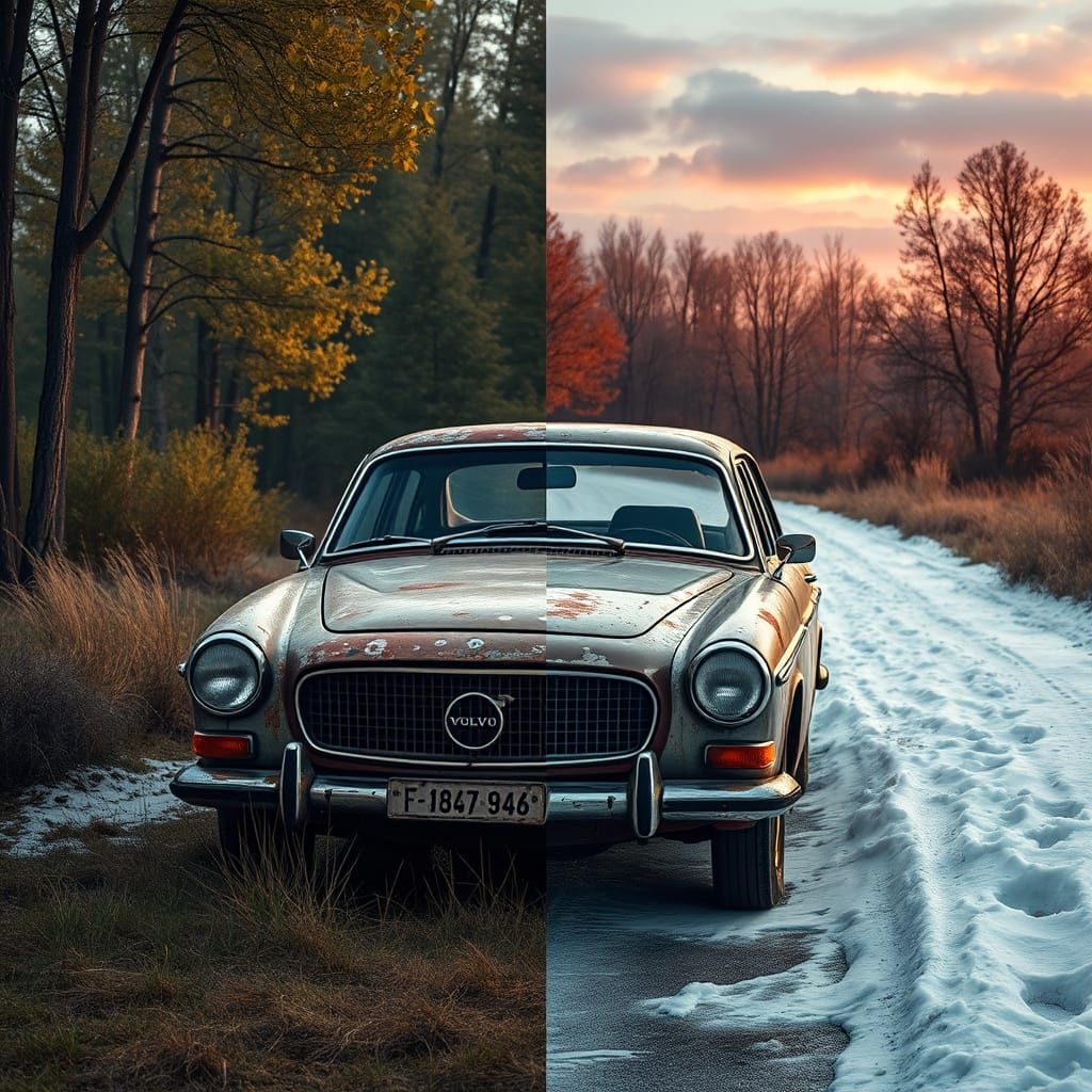 Rusty Volvo Car in Vibrant Seasonal Landscapes