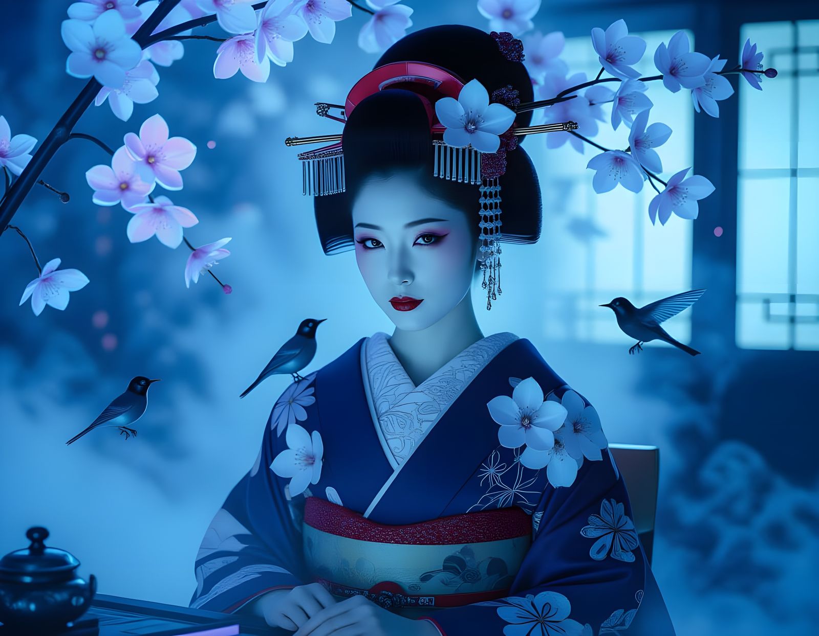 Futuristic Geisha with Clockwork Birds and Neon Glow