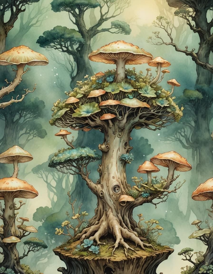 Biomorphic Mushroom on Bonsai Tree: Watercolor Illustration