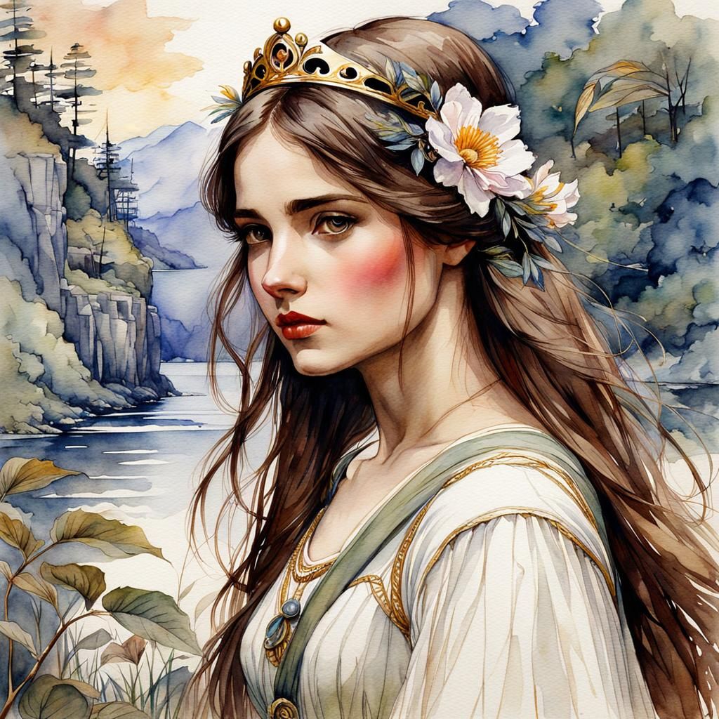 Watercolor Princess by Lake, Detailed Illustration