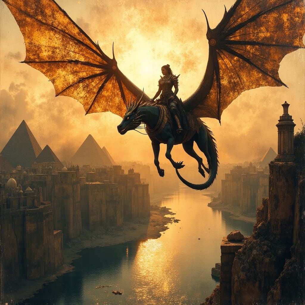 African Warrior God on Dragon at Sunrise