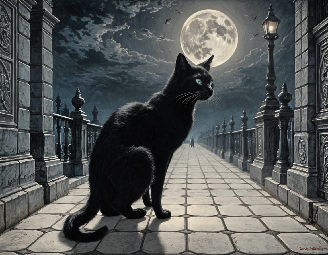 Black Cat Under Moon in Doré Style