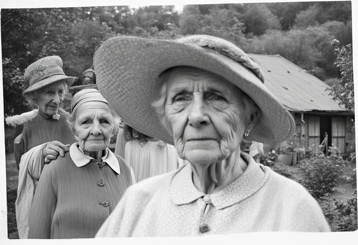 Elderly Woman and Son in a Serene Garden