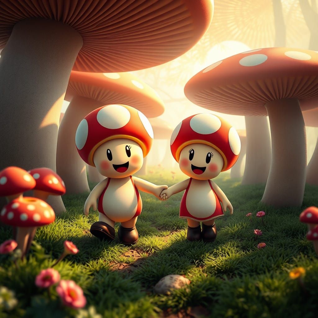 Toad and Toadette Stroll Whimsical Mushroom Forest
