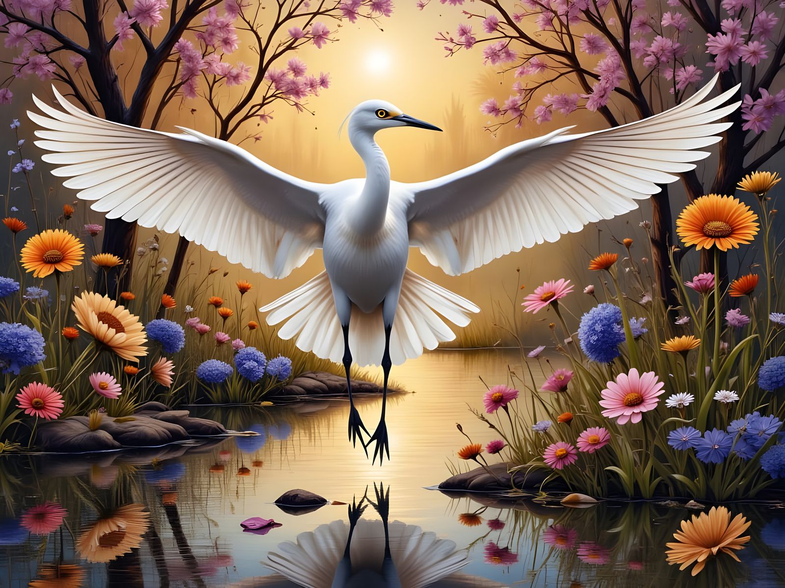 Egret Takes Flight Over Fairy Spring Landscape
