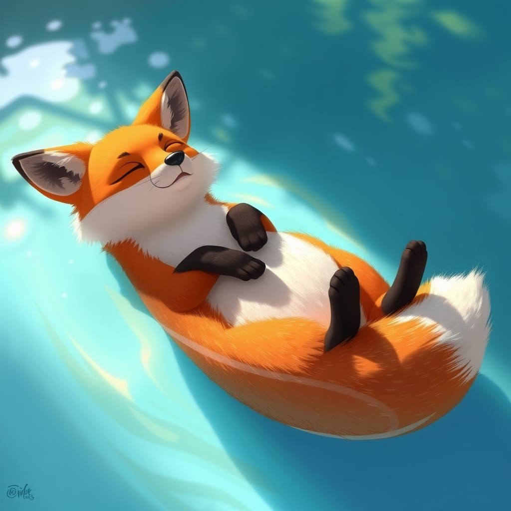 Relaxed Fox Floating in Pool: Pixar-Style Summer Scene