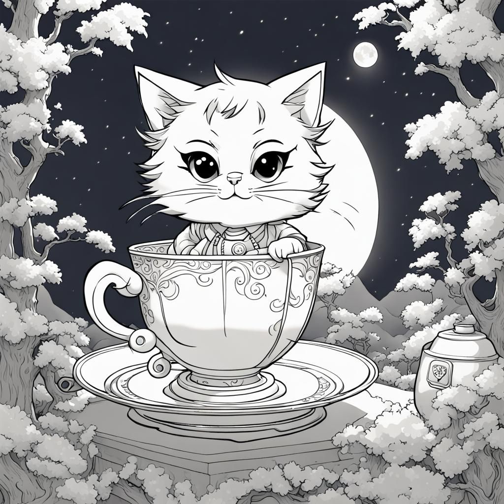 Cute Cat Tea Party Coloring Page in Anime Style