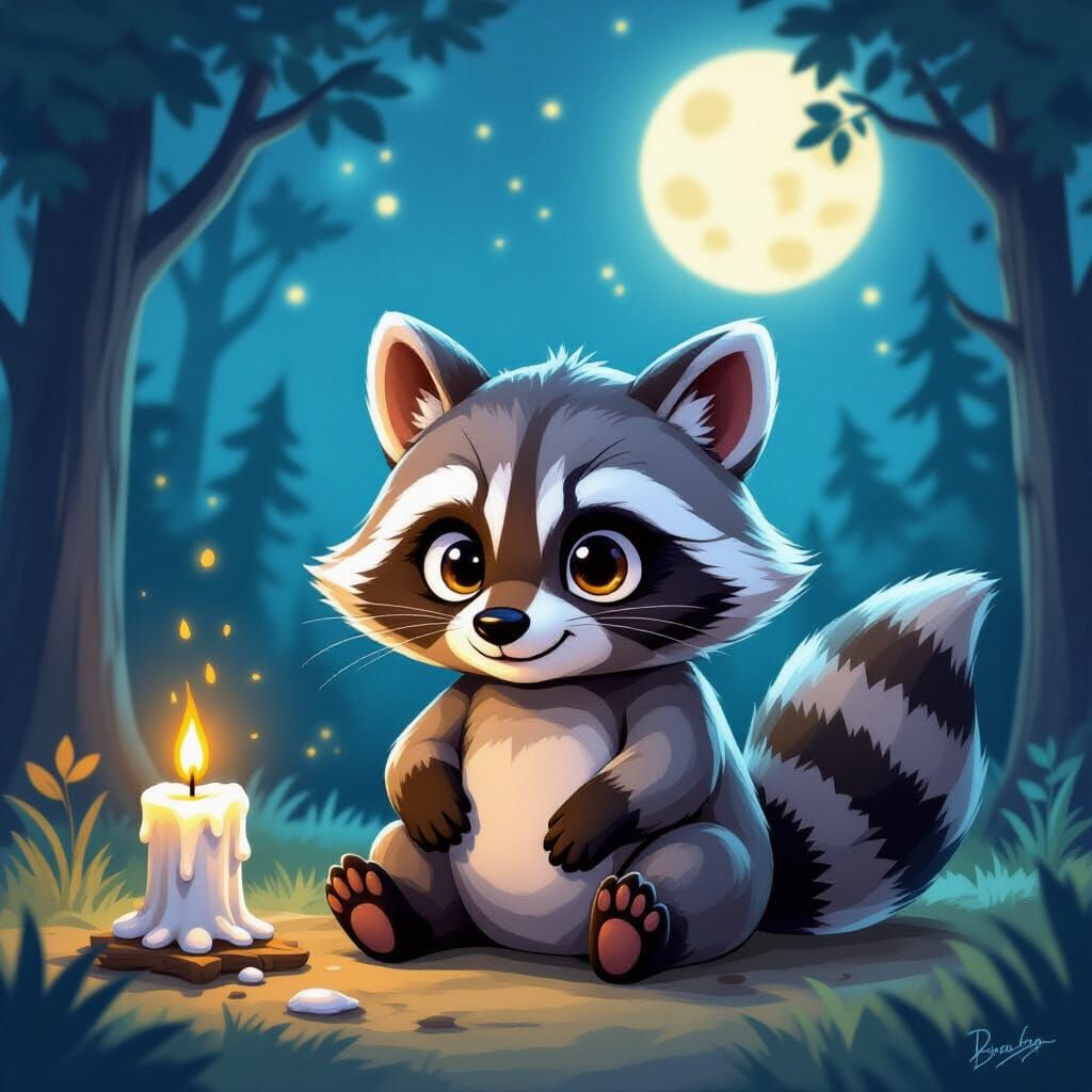 Plush Raccoon Plots Mischief at Night in Comic Art Style