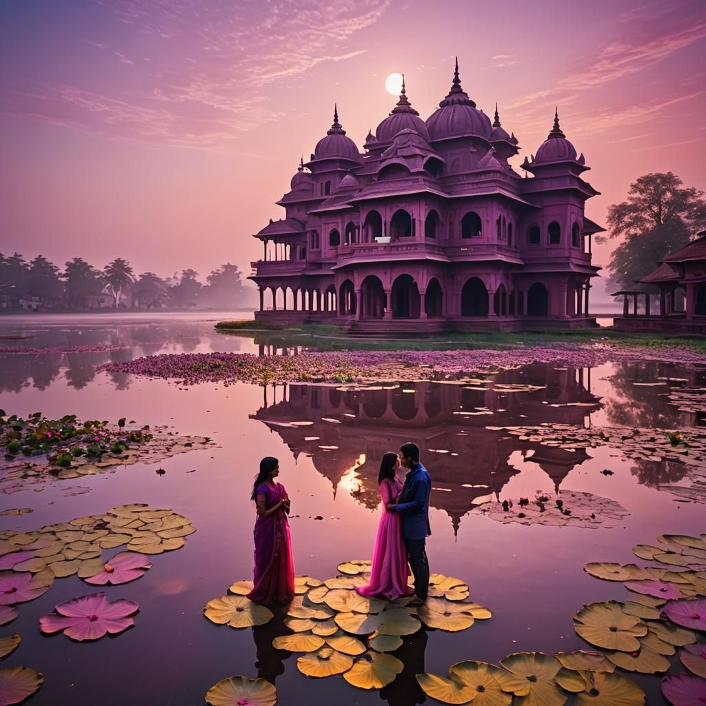 Dreamlike Couple at Lotus Lake in Surreal Landscape