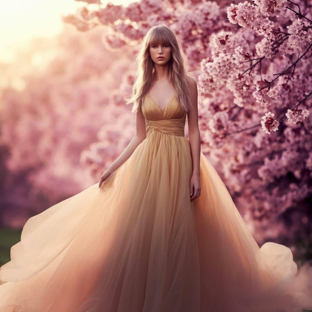 Ethereal Pop Star in Vibrant Cherry Blossom Landscape
