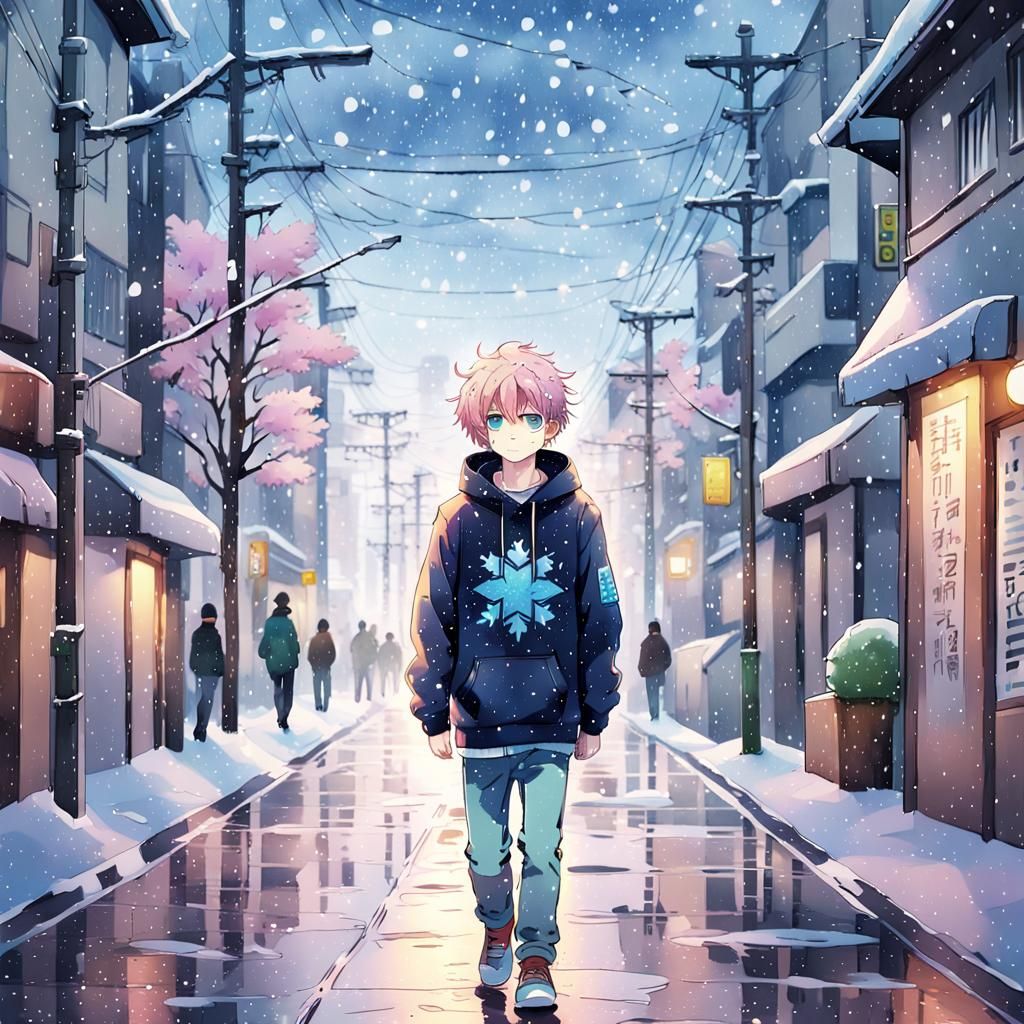 Anime Boy with Pink Hair in Snowy Tokyo Street