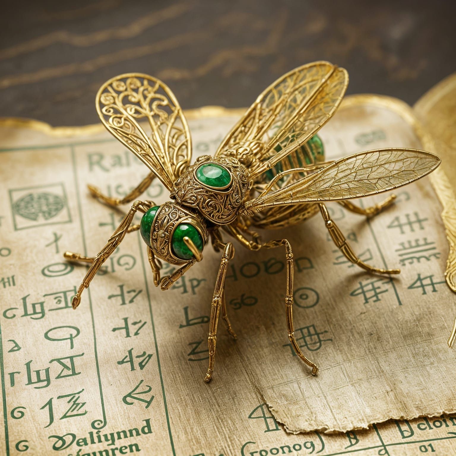 Golden Metallic Wasp on Ancient Parchment