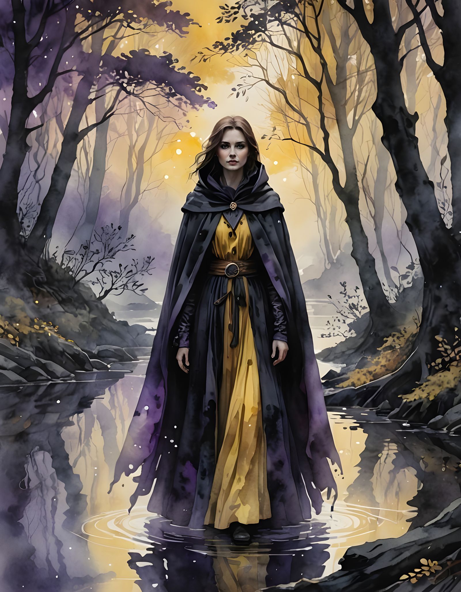 Watercolor Cloaked Woman in Fantasy Landscape