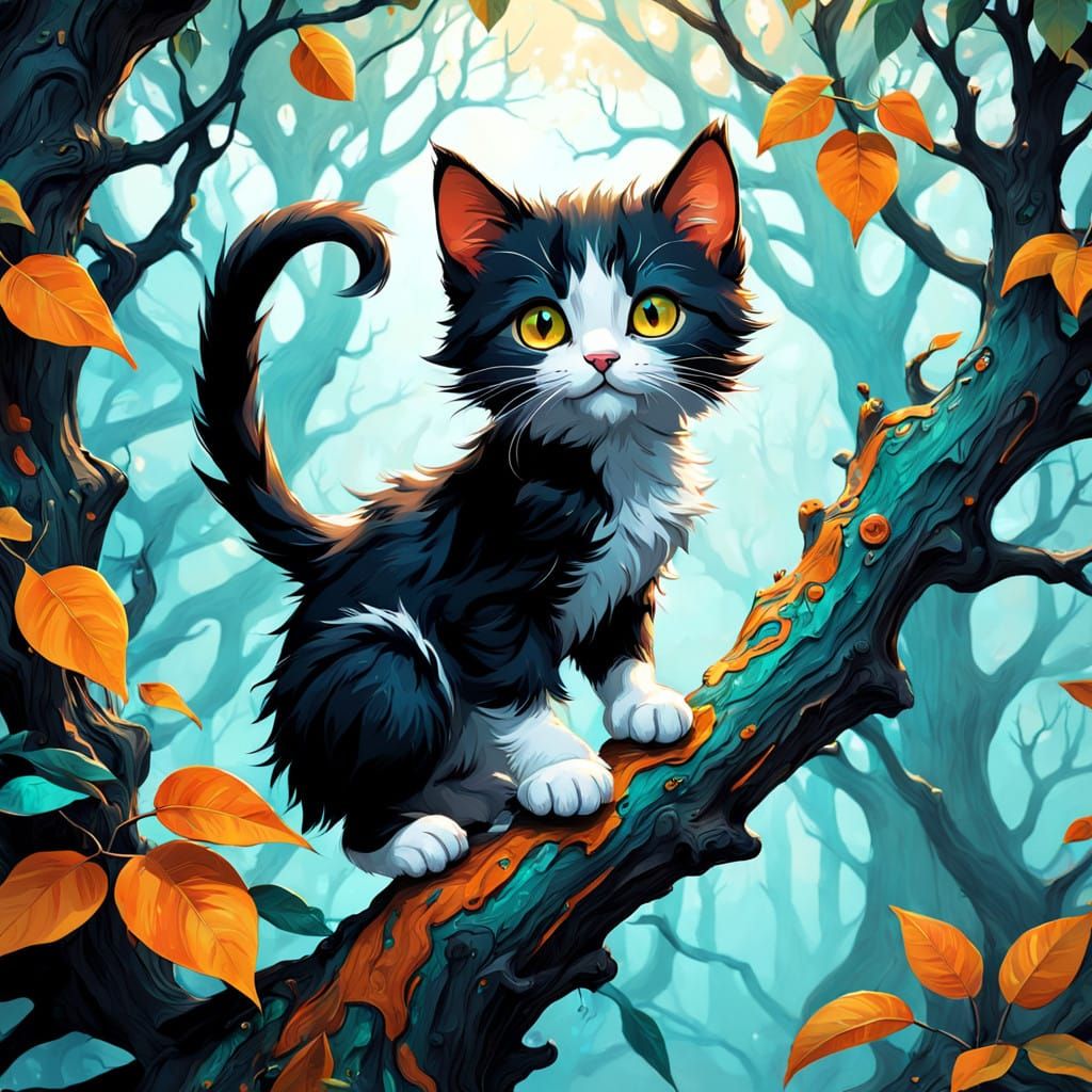 Whimsical Kitten Climbs Tree in Hyper-Realistic Art Nouveau ...