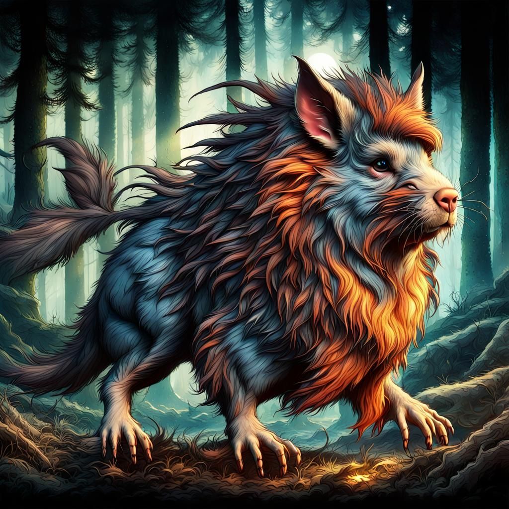 Fantasy Horror Wolf-Guinea Pig Chimera in Forest