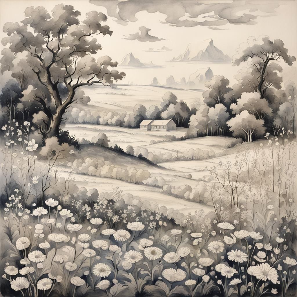 Idyllic White Flower Meadow in Ink and Wash
