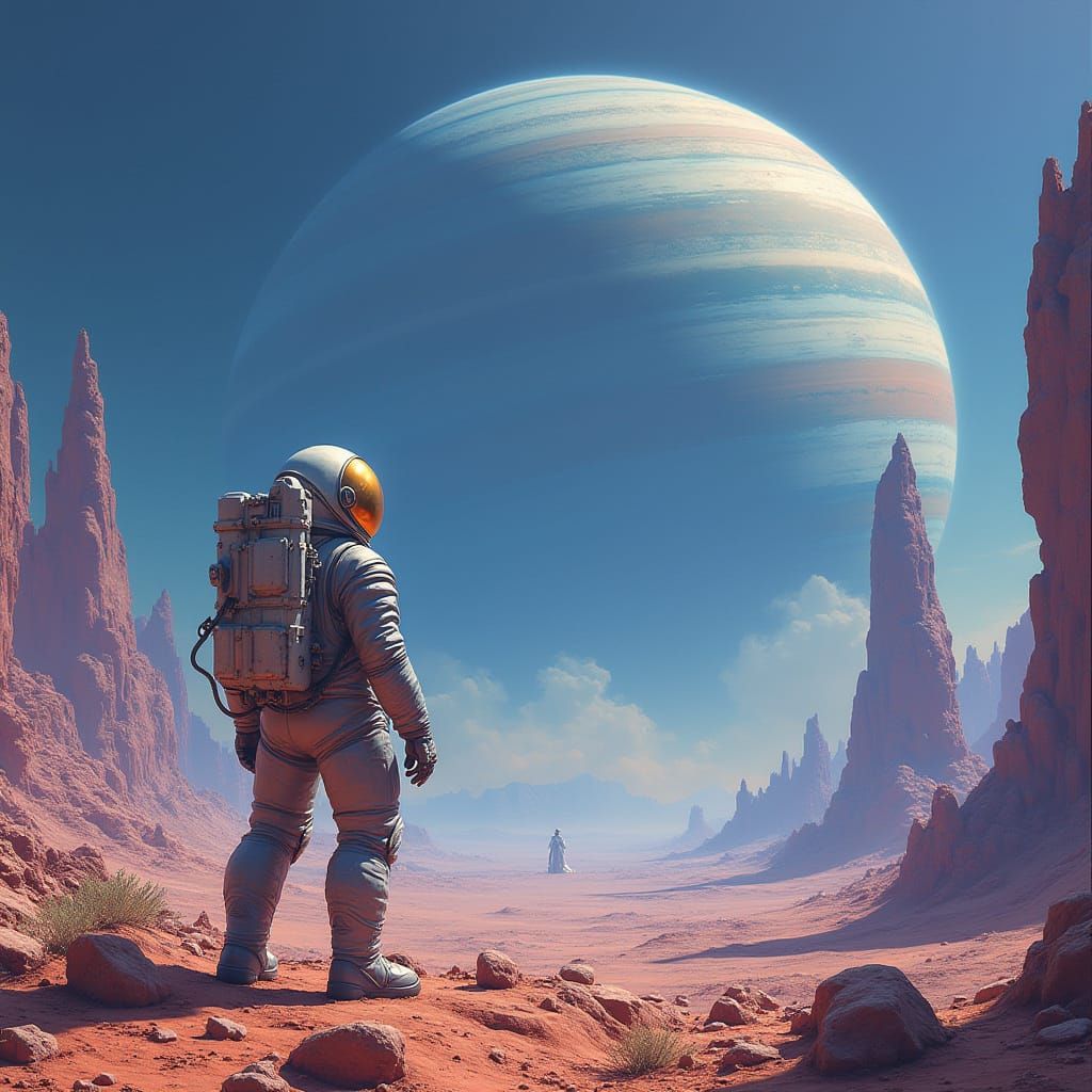 Astronaut on Alien Planet Gazing at Gas Giant