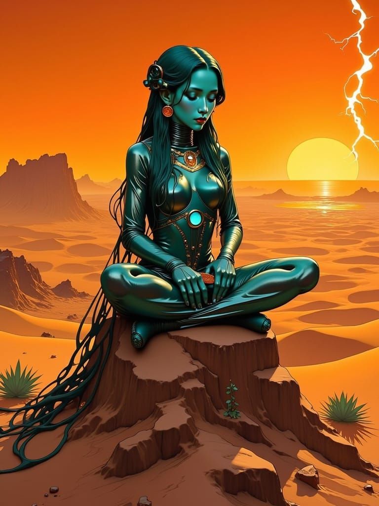 <lora:Art Nouveau Flux:1.0> A striking teal-toned female and...