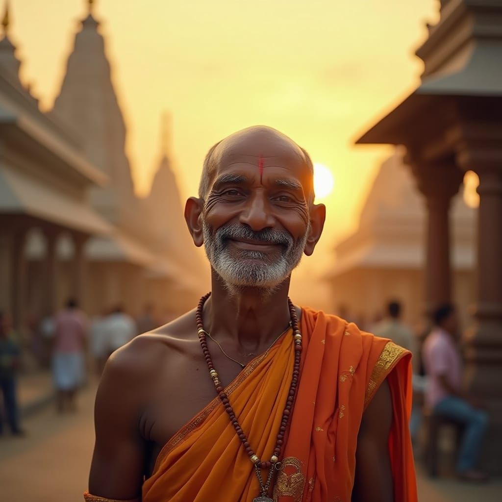 Serene South Indian Saint Amidst Vibrant Temple Streets