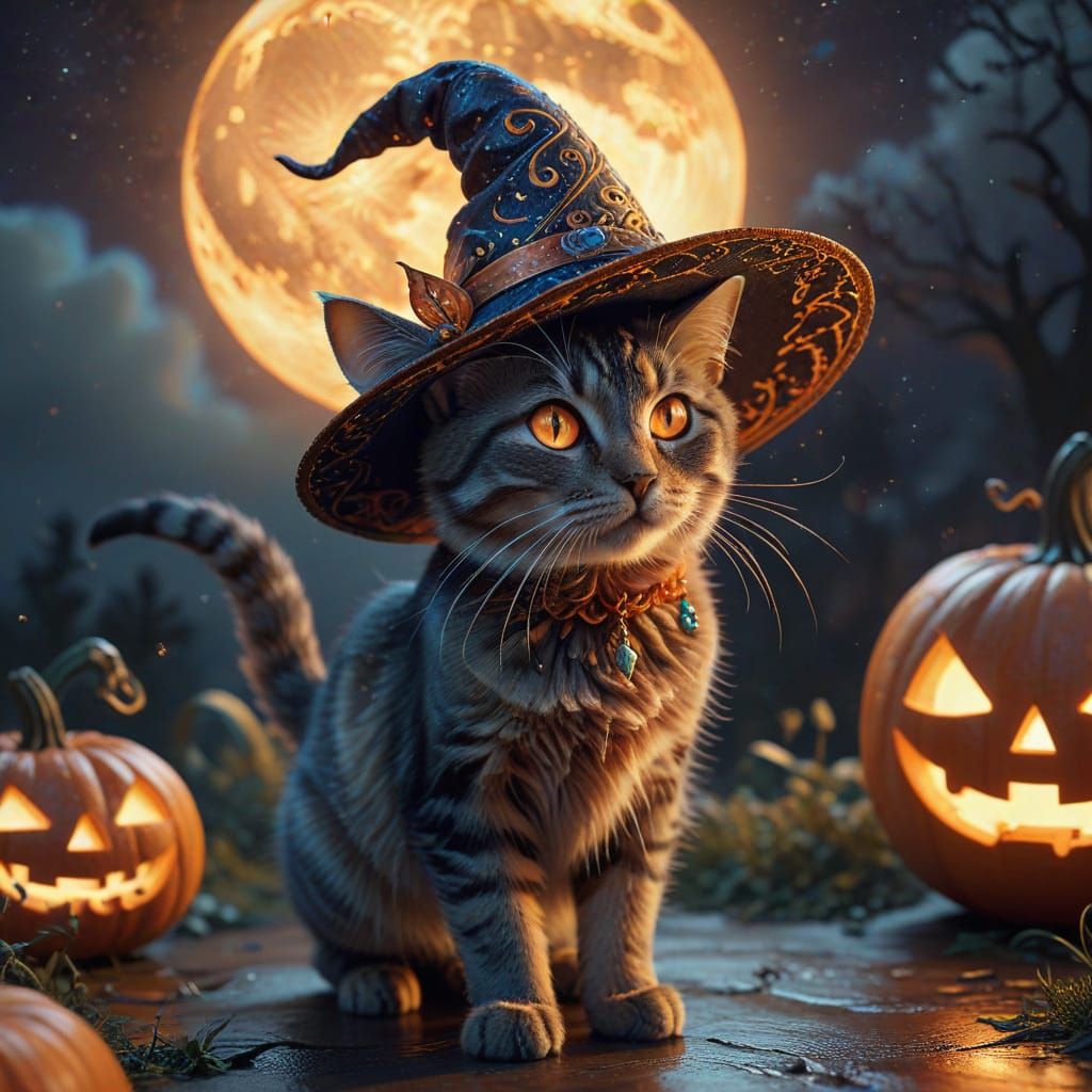 Enchanting Witch Cat Under Ethereal Moonlight