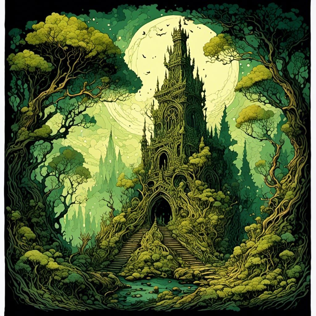 Mossy Tower Tapestry in Retro Hand-Drawn Style