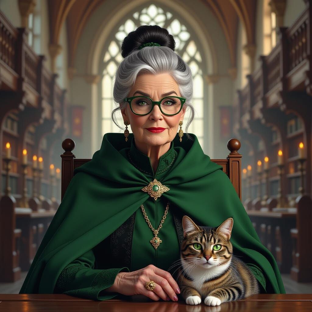 Elderly Woman with Cat in Hogwarts, Fantasy Art